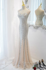Sliver Sequins Mermaid Straps Long Evening Gown Semi Formal Prom Dress, Long Party Dress Formal Dresses