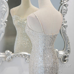 Sliver Sequins Mermaid Straps Long Evening Gown Semi Formal Prom Dress, Long Party Dress Formal Dresses