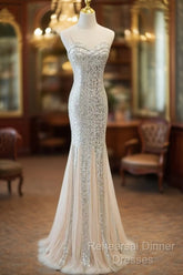 Sliver Sequins Mermaid Straps Long Evening Gown Semi Formal Prom Dress, Long Party Dress Formal Dresses