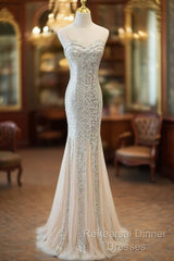 Sliver Sequins Mermaid Straps Long Evening Gown Semi Formal Prom Dress, Long Party Dress Formal Dresses
