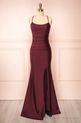 Burgundy Prom Dresses, Sheath/Column Scoop Neck Silk-like Satin Floor-length Ruffles Bridesmaid Dresses