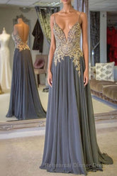 Gray Spaghetti Straps A-line Beaded Long Semi Formal Prom Dresses