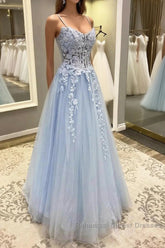 Spaghetti Straps Blue Lace Semi Formal Prom Dresses, Blue Lace Long Formal Evening Dresses