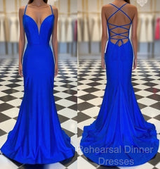 Spaghetti Straps Blue Satin Mermaid Semi Formal Prom Dress