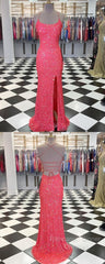 Spaghetti Straps Coral Pink Sequin Mermaid Semi Formal Prom Dress With Slit