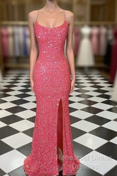 Spaghetti Straps Coral Pink Sequin Mermaid Semi Formal Prom Dress With Slit