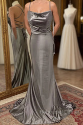 Spaghetti Straps Grey Mermaid Satin Long Semi Formal Prom Dress