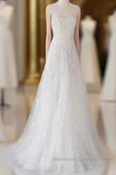 Spaghetti Straps Lace Tulle Floor Length Beads Semi Formal Prom Dress Wedding Dress With Flowers