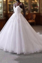 Spaghetti Straps Lace Tulle Ruffles Wedding Dress