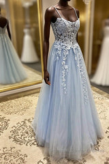 Spaghetti Straps Light Blue Lace Semi Formal Prom Dresses, Light Blue Lace Formal Evening Dresses