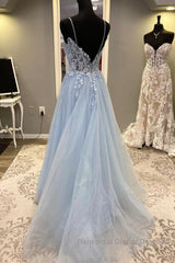 Spaghetti Straps Light Blue Lace Semi Formal Prom Dresses, Light Blue Lace Formal Evening Dresses