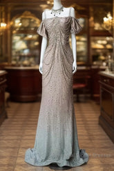 Spaghetti Straps Mermaid Beading Satin Long Semi Formal Prom Dress Rhinestone Formal Evening Dress