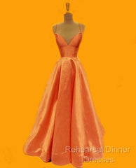 Spaghetti Straps Semi Formal Prom Dresses Long Satin V Neck
