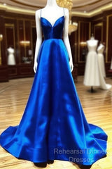 Spaghetti Straps V-Neck A-Line Royal Blue Semi Formal Prom Dress,