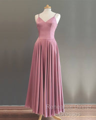 Spaghetti Straps V Neck Ankle Length Bridesmaid Dresses