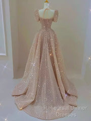 Sparkle A Line Square Neckline Sequin Pink Long Semi Formal Prom Dress