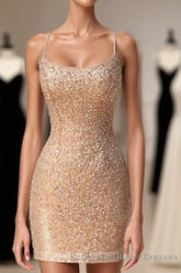 Sparkle Straps Tight Peach Sequins Short Homecoming Dress
