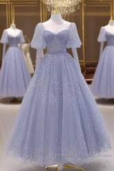Sparkling Blue Short Sleeves Tulle Long Sweetheart Party Dress A-Line Blue Semi Formal Prom Dress