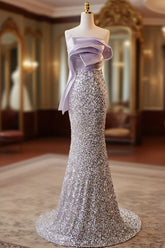 Sparkling Lavender Color Sleeveless Off Shoulder Sequin Evening Dress With Lavender Color Mermaid Backless Strap And Floor Length Evening Dress