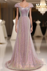 Sparkling Powder Blusher Pink Sequins Off Shoulder Short Sleeve Evening Dress Powder Blusher Pink Trumpet/Mermaid Open Back Zipper Sweep Tail Semi Formal Prom Dress