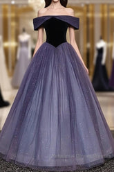 Sparkling Purple Gradient Tulle Off Shoulder A-Line Purple Evening Dress Semi Formal Prom Dress Elegant