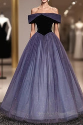 Sparkling Purple Gradient Tulle Off Shoulder A-Line Purple Evening Dress Semi Formal Prom Dress