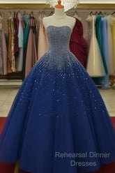 Sparkly Beaded Strapless Navy Blue Ball Gown Semi Formal Prom Dresses