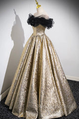 Sparkly Black And Gold Glitter Semi Formal Prom Dresses Ball Gown, Off The Shoulder Evening Party Dress
