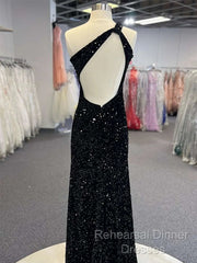 Sparkly Black One Shoulder Side Slit Semi Formal Prom Dress,