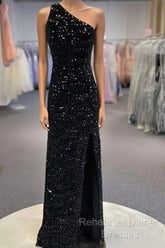 Sparkly Black One Shoulder Side Slit Semi Formal Prom Dress,