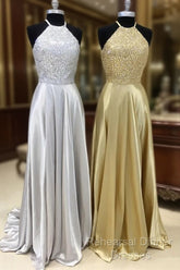 Sparkly Crystal Beaded Halter Long Satin Open Back Semi Formal Prom Dresses