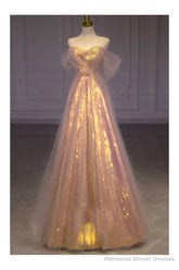 Sparkly Long Pink Off Shoulder Bling Prom Dress