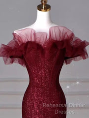 Sparkly Mermaid Burgundy Sequin Long Semi Formal Prom Dress Party Dresses