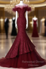 Sparkly Mermaid Burgundy Sequin Long Semi Formal Prom Dress Party Dresses