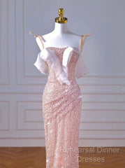 Sparkly Mermaid Straps Pink Tulle Pearls Long Semi Formal Prom Dress