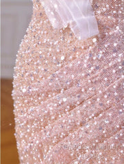 Sparkly Mermaid Straps Pink Tulle Pearls Long Semi Formal Prom Dress