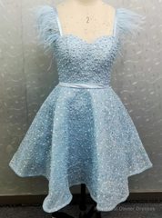 Sparkly Pink Beads Straps Homecoming Dress With Feather