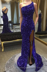 Sparkly Royal Blue Sequins One Shoulder Long Semi Formal Prom