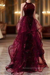 Sparkly Sheath Burgundy Sequin Long Semi Formal Prom Dress Party Dresses