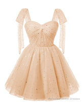 Sparkly Starry Blush Pink Tulle Short Homecoming Dresses Spaghetti Bow Straps Prom Dress Sequin Cocktail Party Dress for Teens