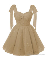 Sparkly Starry Champagne Tulle Short Homecoming Dresses Spaghetti Bow Straps Prom Dress Sequin Cocktail Party Dress for Teens