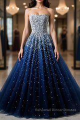 Sparkly Strapless Blue Semi Formal Prom Dresses, Strapless Blue Long Formal Evening Dresses