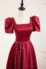 Square Neck Burgundy Long Prom Dresses, Wine Red Long Formal Evening Dresses
