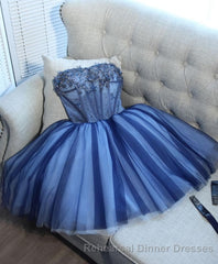 Charming Blue Lace Tule A Lin Short Semi Formal Prom Dress, Homecoming Dress