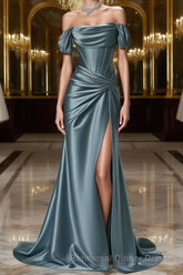 Steel Blue Silk Evening Dress - Corset Back Wedding Dress with Off-the-Shoulder Design Plus Size
