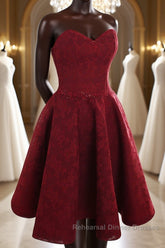 Strapless Backless Burgundy Lace Short Semi Formal Prom Dresses, Short Burgundy Lace Homecoming Dresses