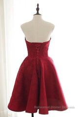 Strapless Backless Burgundy Lace Short Semi Formal Prom Dresses, Short Burgundy Lace Homecoming Dresses