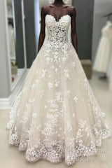 Strapless Champagne Lace Wedding Dresses Semi Formal Prom Dress, Formal Gown