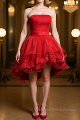 Strapless High Low Red Lace Semi Formal Prom Dresses, High Low Red Homecoming Dresses, Short Red Lace Formal Graduation Evening Dresses