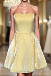 Strapless Lace-Up Yellow Satin Homecoming Dress,Short Cocktail Dresses